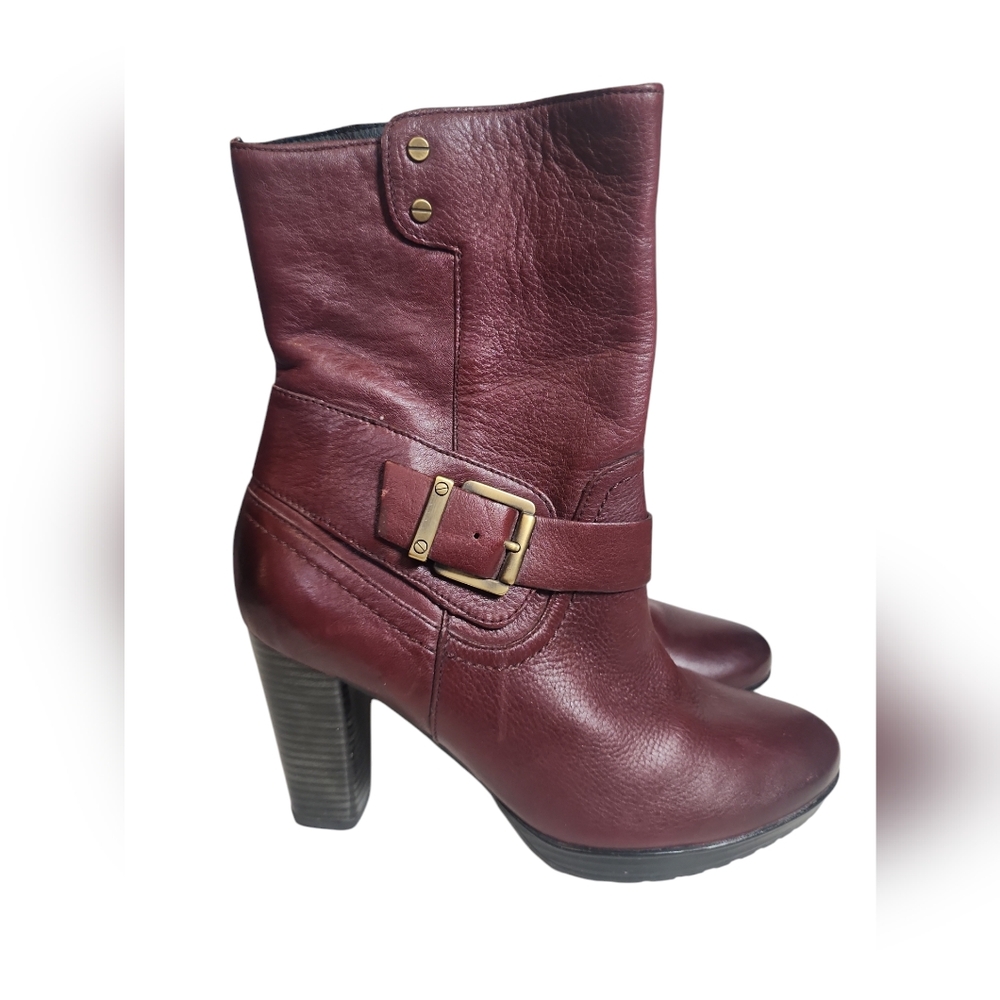 Clarks Indigo Burgundy Leather Mid-Calf Block Heel Zip Side Boots - Size 7.5M